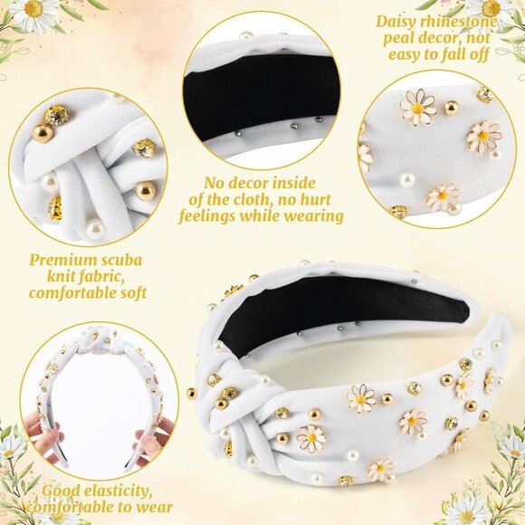 Daisy Jeweled Knotted Headband - Rhinestone Crystal Beads Embellished Headband W - Picture 3 of 6